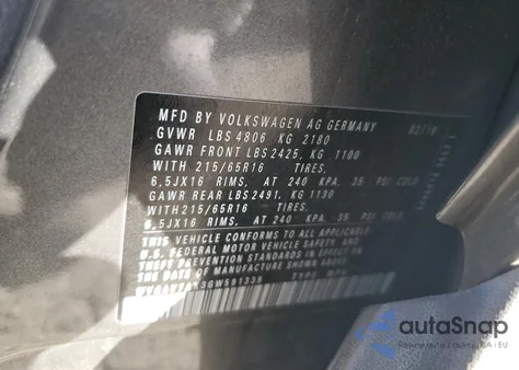 2016 Volkswagen Tiguan S из США, поврежденный, VIN WVGAV7AX3GW591339